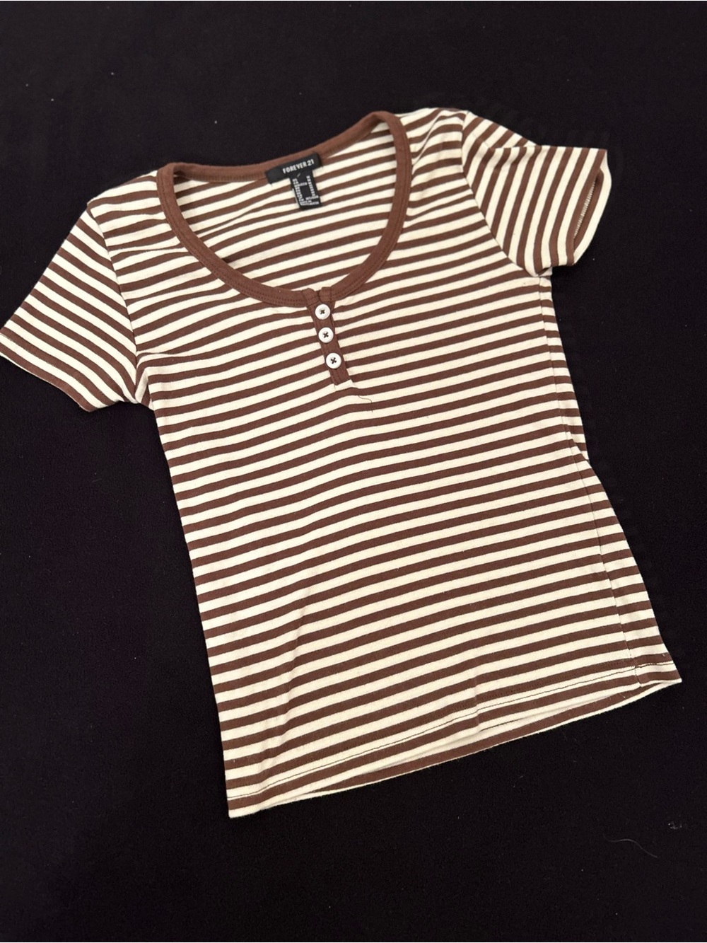 Forever 21 Brown & Cream Striped Henley Short Sleeve Tee